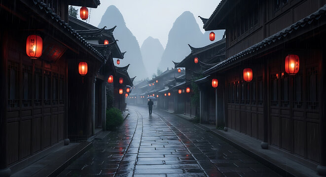 Misty street scene in an ancient chinese town with traditional architecture, glowing red lanterns, and a lone figure