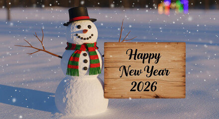 A whimsical snowman stands beside a wooden sign wishing a happy new year 2026, set against a snowy backdrop with gently falling snowflakes and twinkling lights