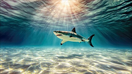 A powerful great white shark glides through crystal clear turquoise water, illuminated by dramatic sunbeams from above.