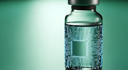 Futuristic Vaccine Vial with Embedded Circuitry and Liquid Solution.