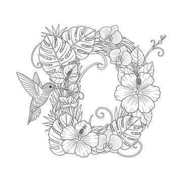 Floral letter D coloring page. Elegant tropical plants and flower illustration. Hummingbird near a decorative initial D with monstera leaves and hibiscus. Zentangle style adult coloring book sheet
