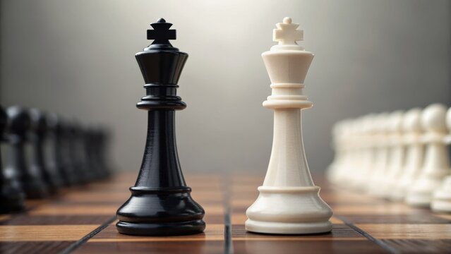 Two chess kings, one black and one white, stand prominently on a wooden board, symbolizing strategy and competition in the game of chess. - Powered by Adobe