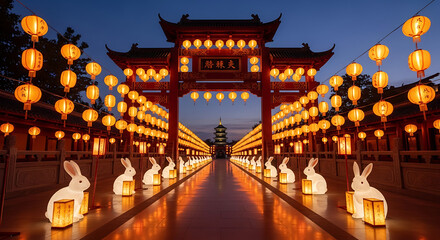 A vibrant night scene of a traditional chinese gate adorned with numerous glowing orange lanterns and rabbit statues