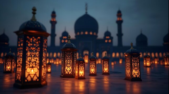 Ramadan lanterns illuminate a mosque at dusk creating a serene and spiritual atmosphere for the holy month. - Powered by Adobe
