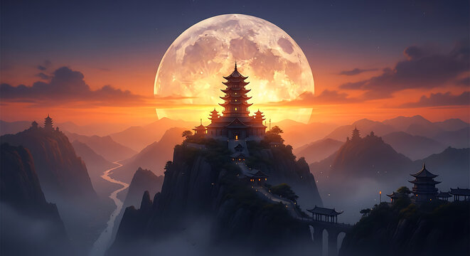 A breathtaking view of a majestic pagoda atop a misty mountain peak under a colossal full moon at dusk