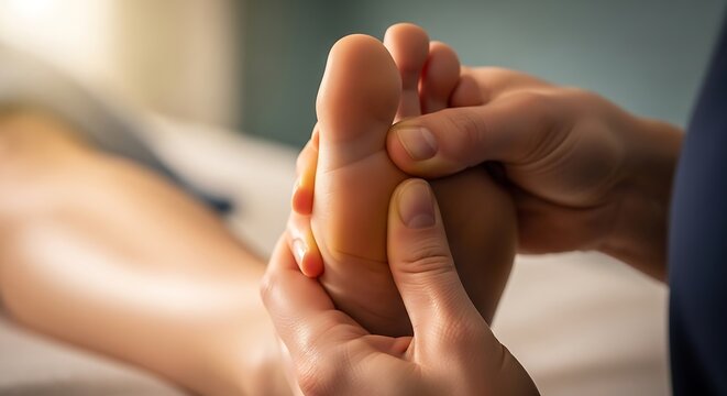 Close-up of a person receiving a foot massage, with hands applying pressure to the sole.
