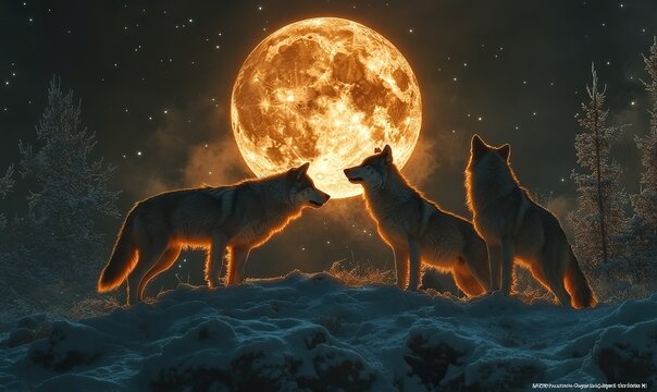 Wolves howling at mystical full moon in snowy winter night wilderness scene