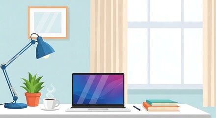Modern vector illustration of a minimalist home office desk setup with laptop, coffee, plant, and books, by a bright window. Perfect for remote work and study.