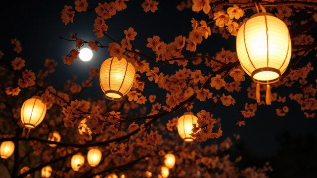Illuminated Lanterns and Blossoms: A Nighttime Celebration of Light and Nature.
