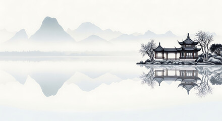 Serene traditional chinese ink wash painting of a pavilion on a tranquil lake with misty mountains, isolated on white