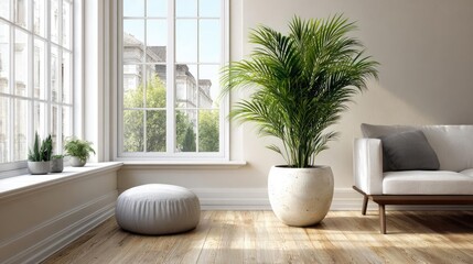 Clean white panels and potted plant concept. Bright living space featuring potted plants and natural light.