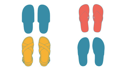 A colorful arrangement of four different types of summer sandals displayed clearly