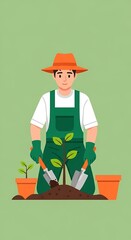 Vibrant illustration of a gardener planting a sapling with gardening tools. A male character in an orange hat and green overalls cultivates growth and nature.