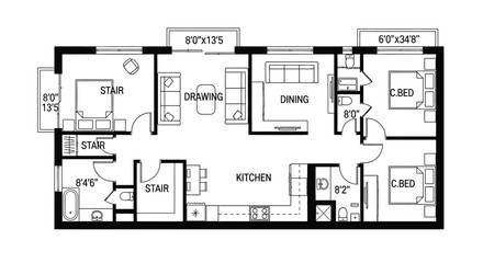 Detailed architectural floor plan showcasing a two bedroom apartment layout with dimensions © mrs rakhi