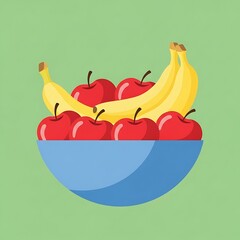Vibrant illustration of a blue bowl filled with fresh red apples and yellow bananas on a soft green background. Symbolizes healthy eating, natural produce, and nutrition.
