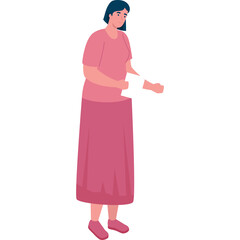 Illustration Of A Woman With Dark Teal Hair Wearing A Light Pink T-shirt And A Long Magenta Skirt Standing With Her Arms Outstretched On A White Background