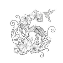 Obraz premium Number six decorated with tropical flowers and a hummingbird coloring page. Floral jungle nature illustration. Hummingbird flying near a number surrounded by hibiscus and orchids. Adult coloring page