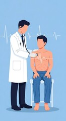 A doctor performs a medical examination on a male patient with a stethoscope, set against a calming blue background with an ECG heartbeat line. Ideal for health, wellness, and medical content.