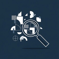 Modern abstract illustration with a magnifying glass over geometric shapes, symbolizing data analysis, search, exploration, and problem-solving. Ideal for tech or business.