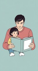 Cute illustration of a father reading a book with his small child, symbolizing family bonding, early education, and shared moments. Ideal for parenting and kids content.