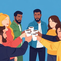 A vibrant illustration of a diverse group of people toasting coffee cups, symbolizing friendship, teamwork, and casual social gatherings. Ideal for themes of connection and breaks.