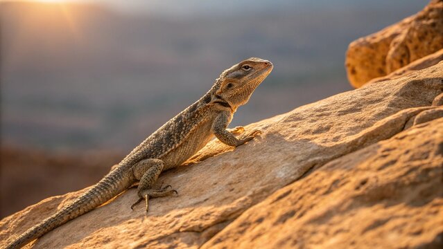 Majestic lizard basking in the warm glow of the setting sun on rocky terrain - Powered by Adobe