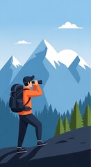 An illustration of a hiker with a backpack looking through binoculars at majestic snow-capped mountains and a pine forest. Ideal for adventure, hiking, and travel themes.