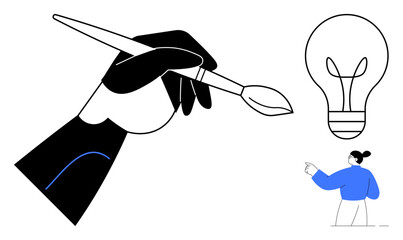 Hand holding brush for artistic creation, light bulb as innovation, woman pointing for teamwork and vision. Ideal for creativity, innovation, brainstorming, teamwork, inspiration, processes simple