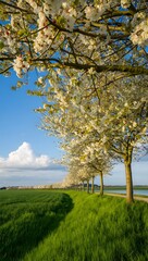 Fototapeta premium Spring blossoms line a field under a blue sky with fluffy clouds in the distance today