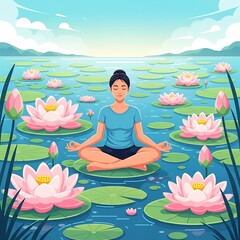 A serene illustration of a woman meditating peacefully in the lotus position on a lily pad amidst pink lotus flowers and tranquil water, embodying calm and mindfulness.