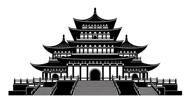 Stylized black and white illustration of a majestic multistory asian temple or pagoda architecture