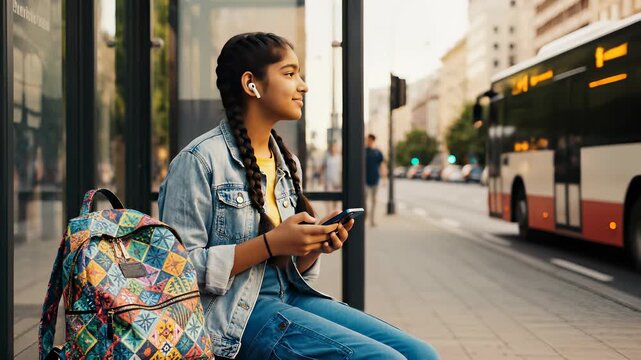 A woman sits engrossed in her cell phone as she waits for a bus, listening to music with headphones nearby, capturing the essence of modern day connectivity where individuals can escape into.