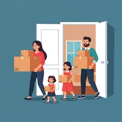 Smiling family carrying moving boxes, ready for a new beginning. Illustration of parents and children relocating, symbolizing home, future, and transition.