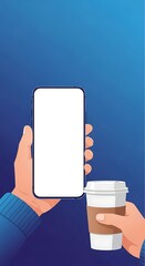 Hands holding a smartphone with a blank screen and a disposable coffee cup on a gradient blue background. Ideal for showcasing mobile apps, digital content, or a casual break.