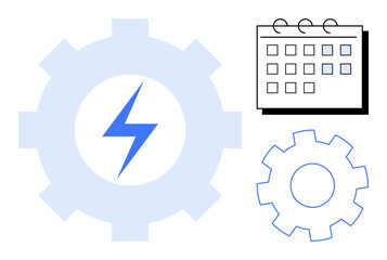 Gear with a lightning bolt, minimalist calendar, and outlined gear representing productivity, workflow optimization, energy, planning, scheduling, task management efficiency. A simple flat metaphor