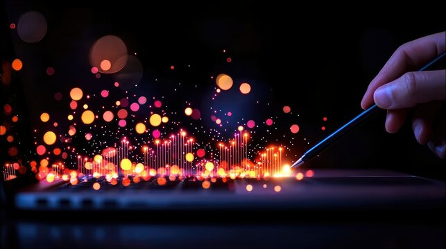 A hand holds a stylus, touching a glowing, abstract data visualization that appears to emanate from a laptop screen.