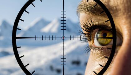 menschliches Auge neben einem Fadenkreuz im Visier vor verschneiter Bergkulisse
