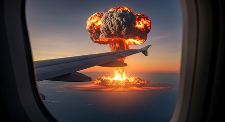 Witnessing a cataclysmic atomic explosion and mushroom cloud from an airplane wing perspective during a dramatic, fiery sunrise
