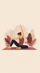 A serene illustration depicts a woman engaged in a mindful yoga pose on her mat, surrounded by warm-toned, abstract botanical elements. Perfect for wellness, meditation, and balance themes.