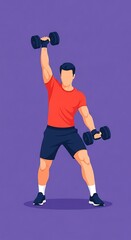 Dynamic flat illustration of a strong man performing a dumbbell workout, raising one weight overhead, dressed in gym attire. Ideal for fitness, health, and exercise content.