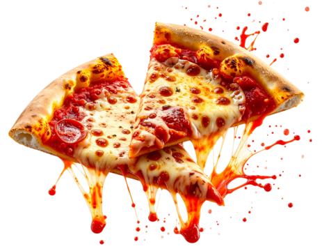 Two Pizza Slices Colliding with Sauce and Cheese Splashes PNG