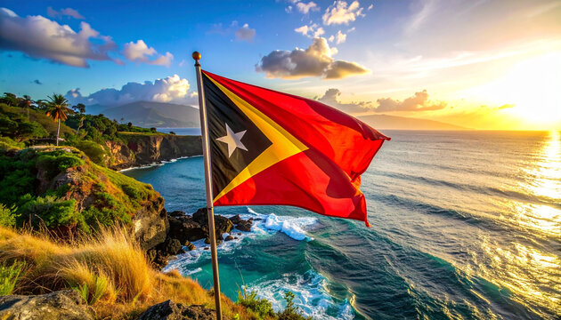 Timor-Leste Flag Waving Over Coastal Cliffside with Crashing Waves and Sunset Glow – A Cinematic Showcase of National Identity, Natural Majesty, and Cultural Pride in Ultra HD with Vibrant Colors 
