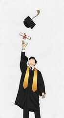 Vibrant illustration of a graduate in a black gown and gold stole, tossing their cap and holding a scroll, celebrating academic achievement and a successful graduation ceremony.