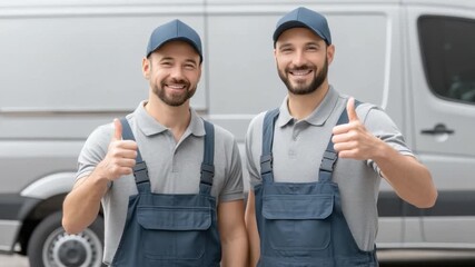 Two smiling workers in gray uniforms giving thumb up in front of a delivery van displaying teamwork and professionalism in the service industry 4k video footage - Powered by Adobe