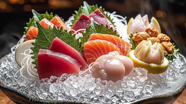Elegant sashimi arrangement on ice bed