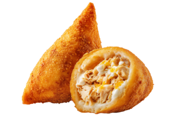 Crispy Brazil coxinha snack filled with shredded chicken croquettes and creamy cheese, isolated on white transparent background, concept of South American Cuisine