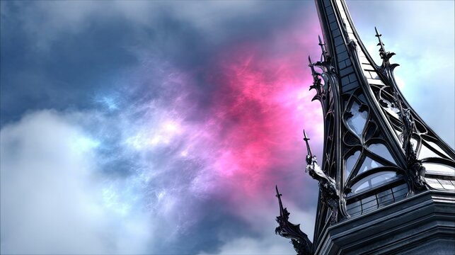 A close-up view of a dark, ornate Gothic spire piercing a dramatic sky filled with swirling clouds illuminated by pink and blue light. - Powered by Adobe