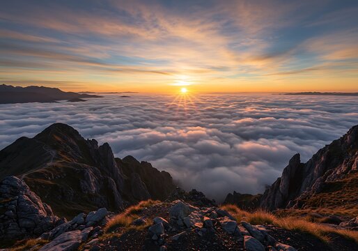 Dramatic sunrise over mountains and clouds creating a breathtaking view - Powered by Adobe