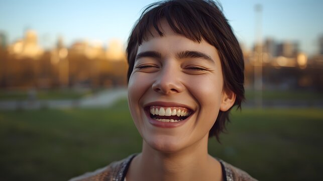 Radiant candid outdoor portrait of a joyful young woman laughing freely in warm natural sunlight, capturing genuine emotion, expressive energy, and serene park atmosphere in a soft golden setting