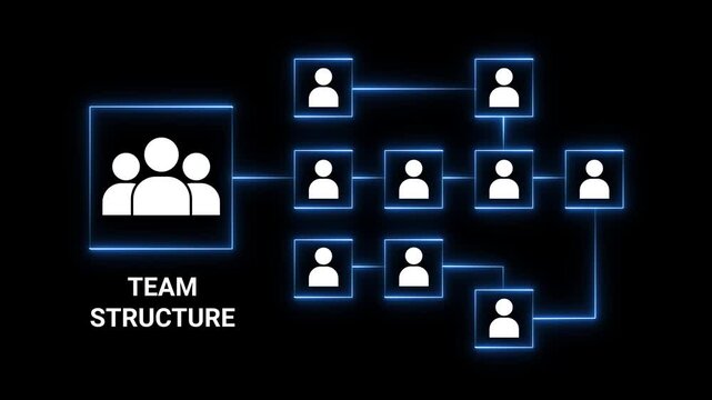 Organizational Chart Showing Team Structure with Connected People Icons and Neon Blue Lines on Black Background - Powered by Adobe